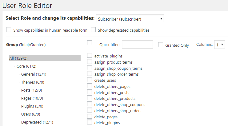 user roles editor setting page