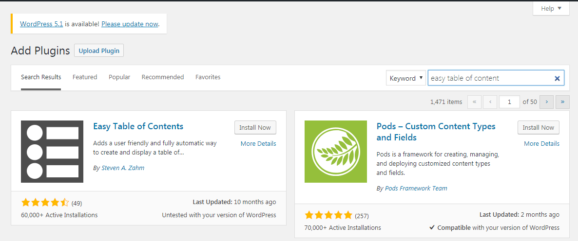 Search easy table of contents plugin