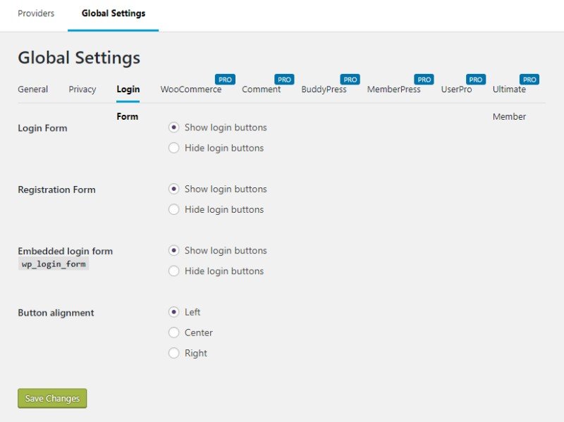 Nextend Social Login global settings login