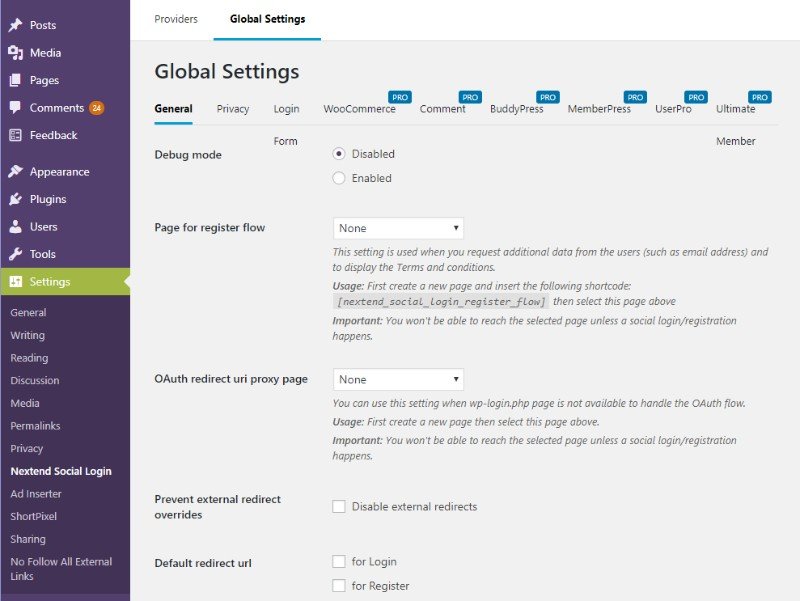 Nextend social login global settings
