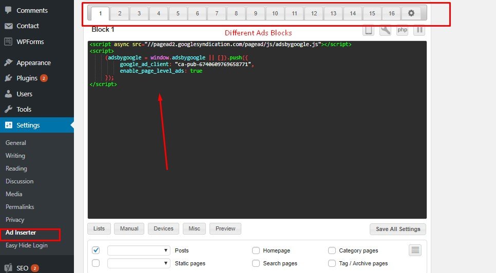 insert ad codes in setting