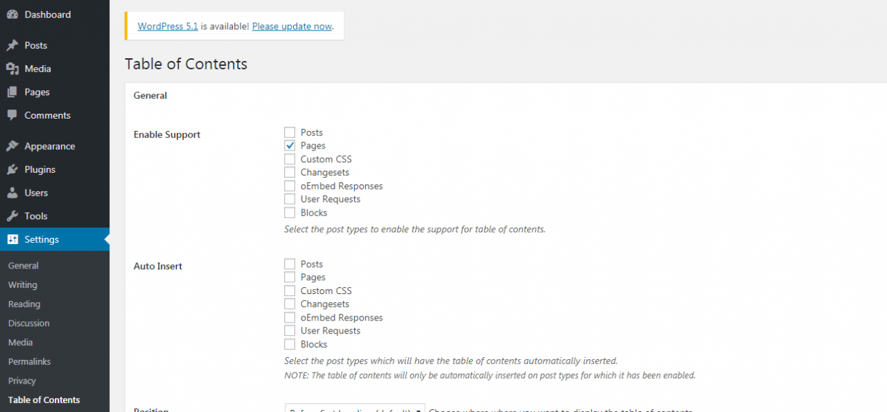 easy table of contents plugin settings