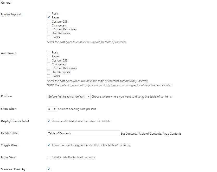 easy table of contents plugin settings 2