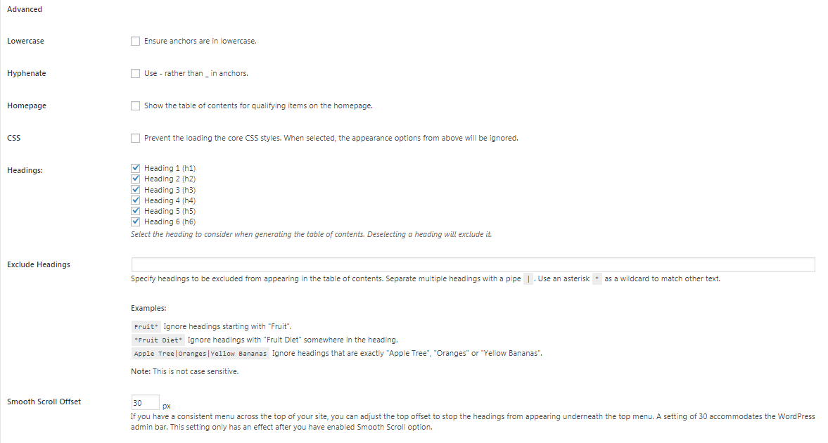 easy table of contents plugin settings 4