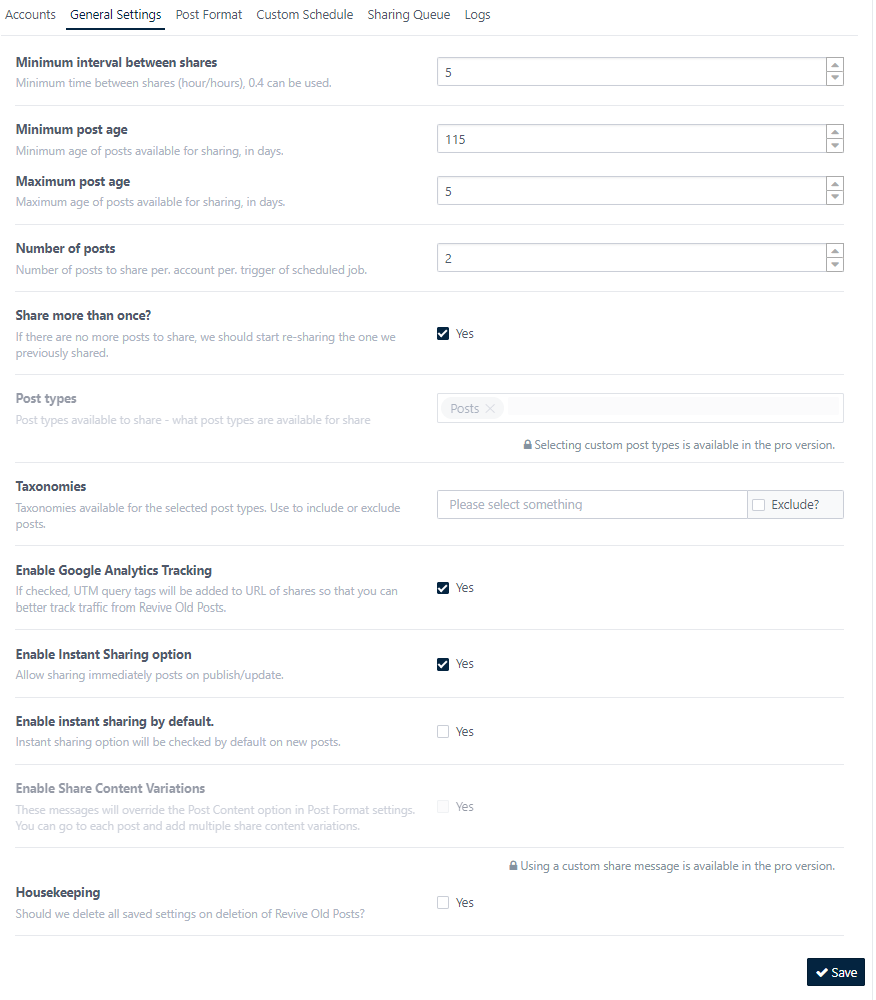 Revive old posts general settings