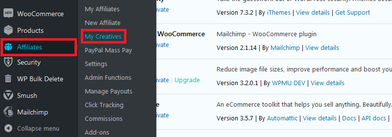 affiliates manager menu my creatives