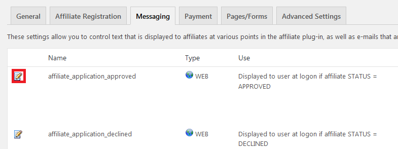 affiliates manager settings messages