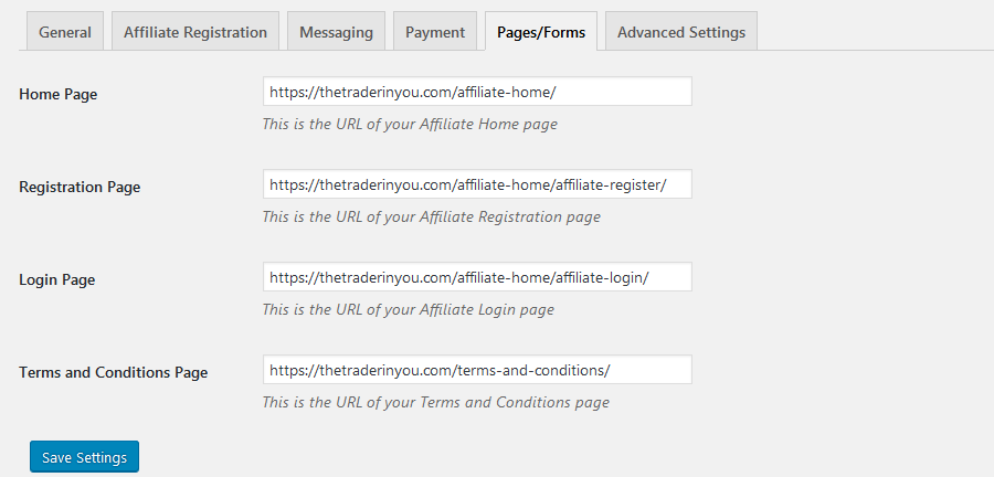 affiliates manager settings pages