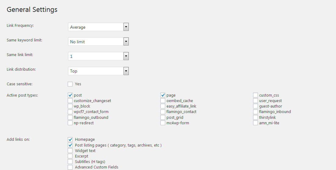 auto affiliate links general settings page