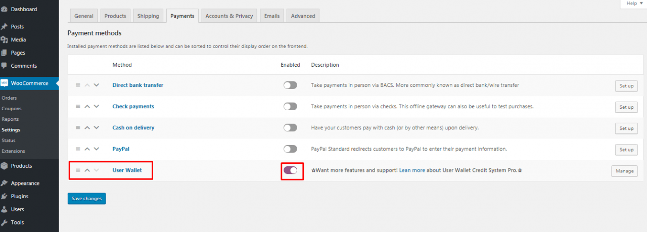 enable the user wallet payment option