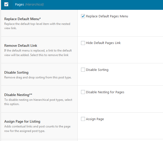 Nested pages - Page settings