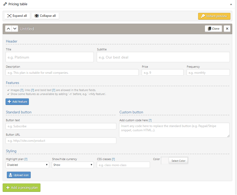 set pricing table up