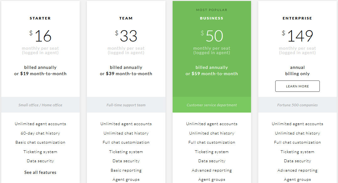 live chat pricing table