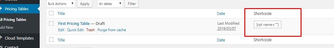 pricing table short code