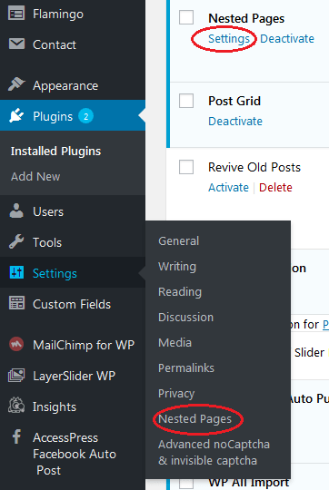 nested pages - settings