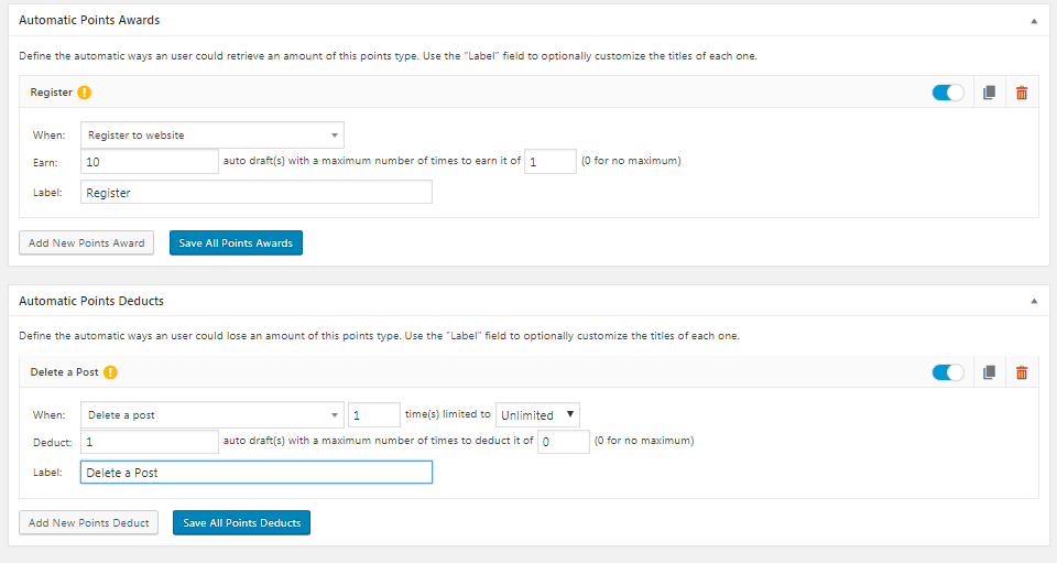 setup automatic point awards and deductions