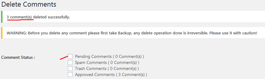 wp bulk delete comments results