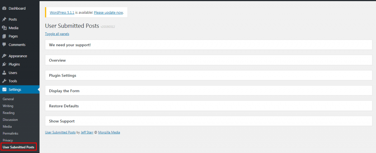 User Submitted Posts plugin dashboard
