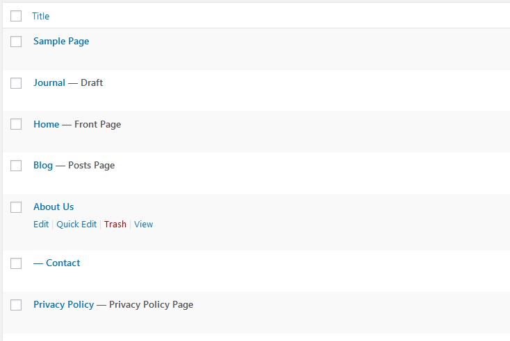 Wordpress default pages list