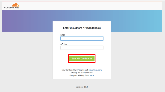 Enter Cloudflare API key credentials