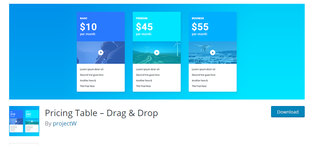 Pricing Table Drag and Drop plugin in WordPress