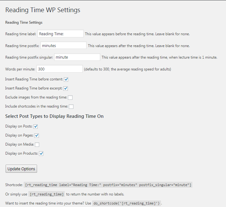 Reading Time WP plugin settings