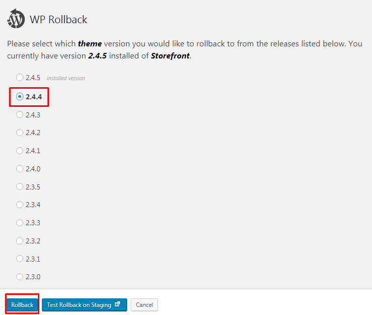 Select the theme version to roll back