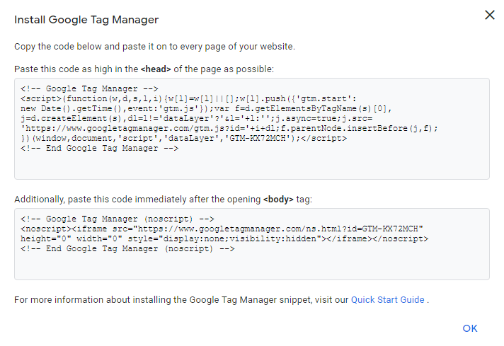 Tracking code for installing google tag manager