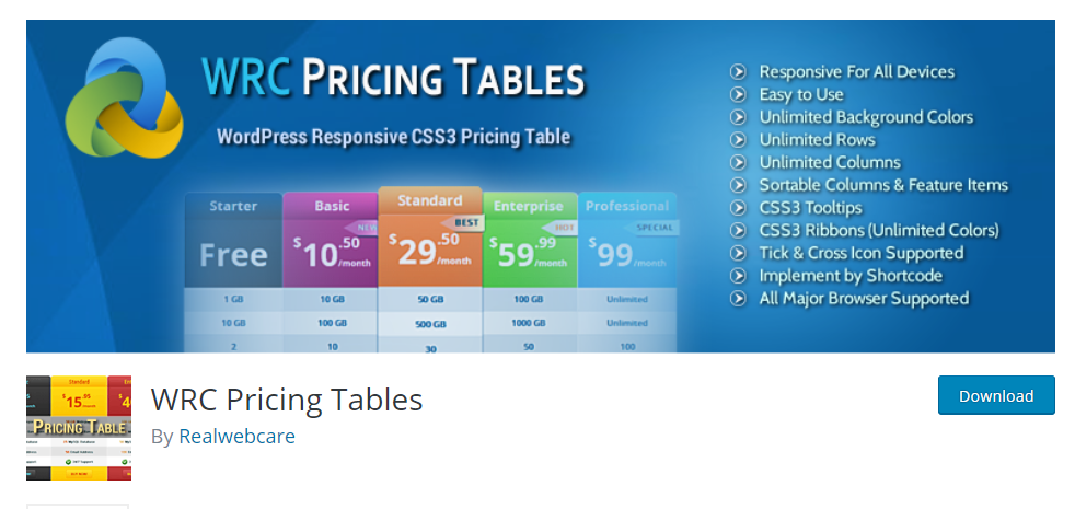 WRC Pricing Table plugin in WordPress