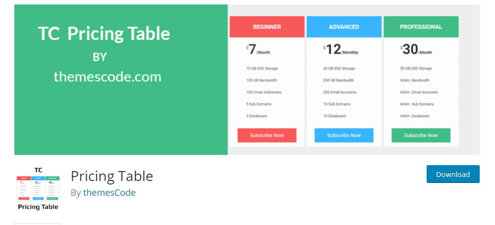 WordPress table pricing plugin TC Pricing Table by themesCode