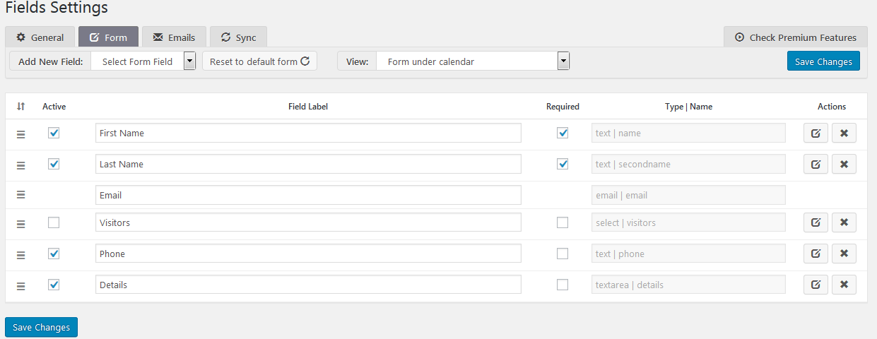 add or remove the form fields of the booking system