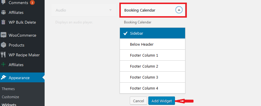 choose the sidebar to add the booking system