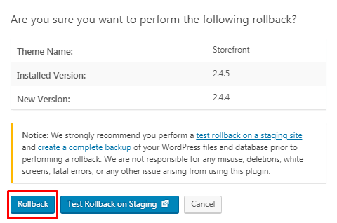 Confirm the theme rollback
