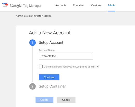 Create a new google tag manager account