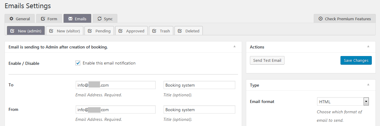 email settings of the booking system