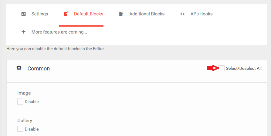 enable or disable the default blocks in gutenberg editor