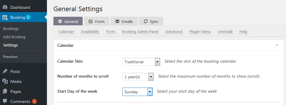 general settings of the booking system