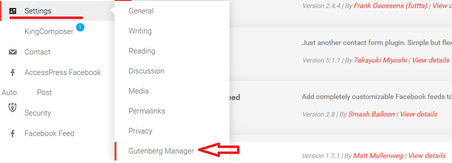 gutenberg manager plugin menu