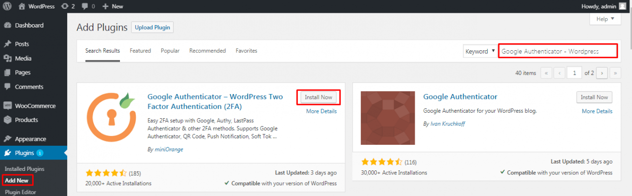 Install Google authenticator wordpress two factor authentication 2FA plugin