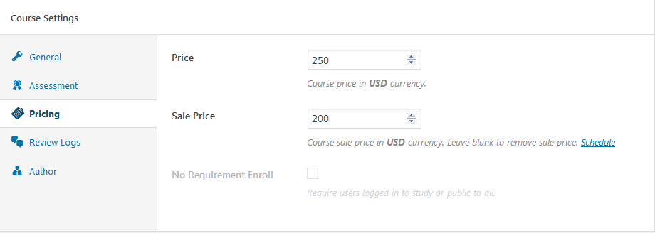 LearnPress courses pricing settings