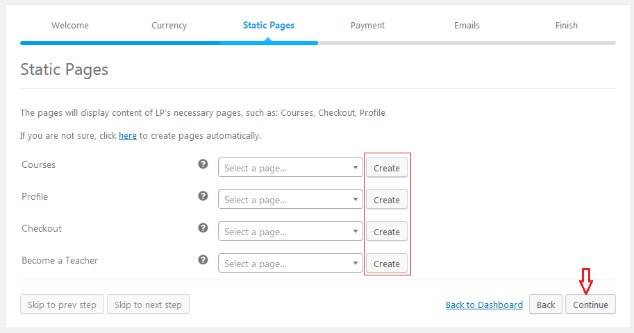 LearnPress pages configuration