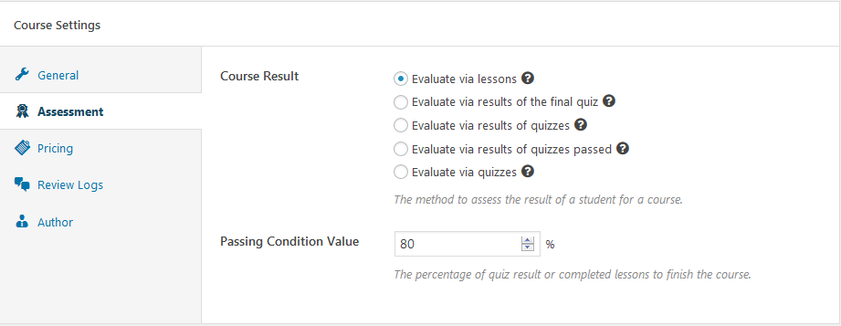 LearnPress courses assessment settings