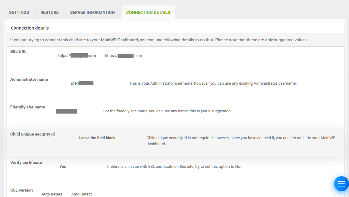 Mainwp dashboard child site details