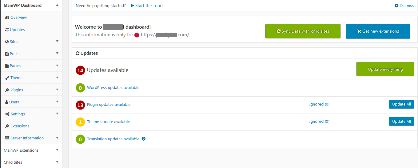 Mainwp dashboard sites managing