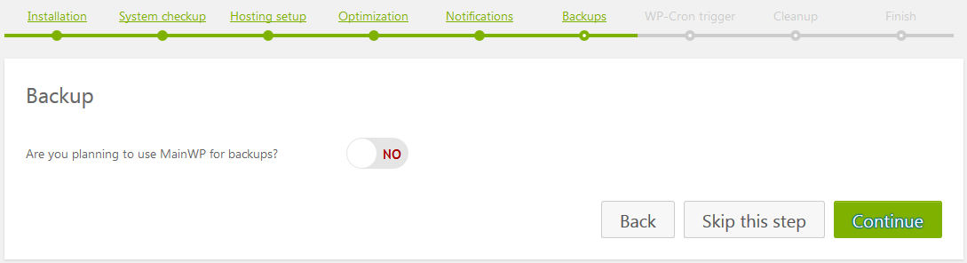 Mainwp dashboard setup wizard backup