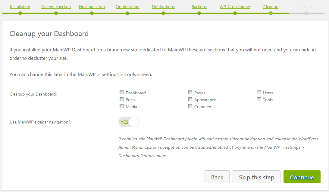 Mainwp dashboard setup cleanup