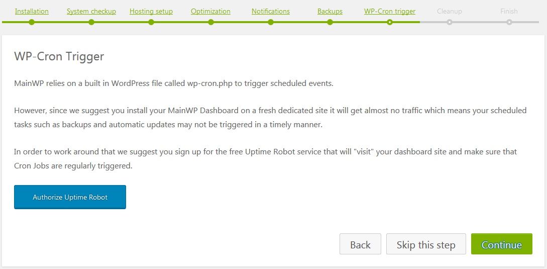 Mainwp dashboard setup wizard cron trigger