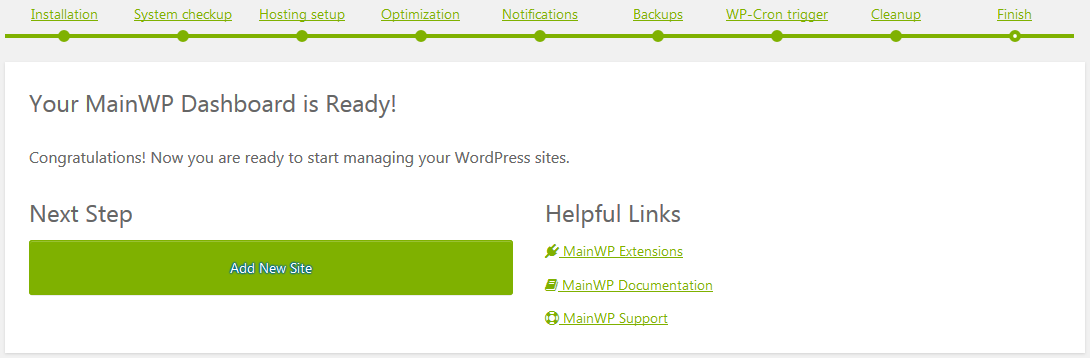 Mainwp dashboard setup finish