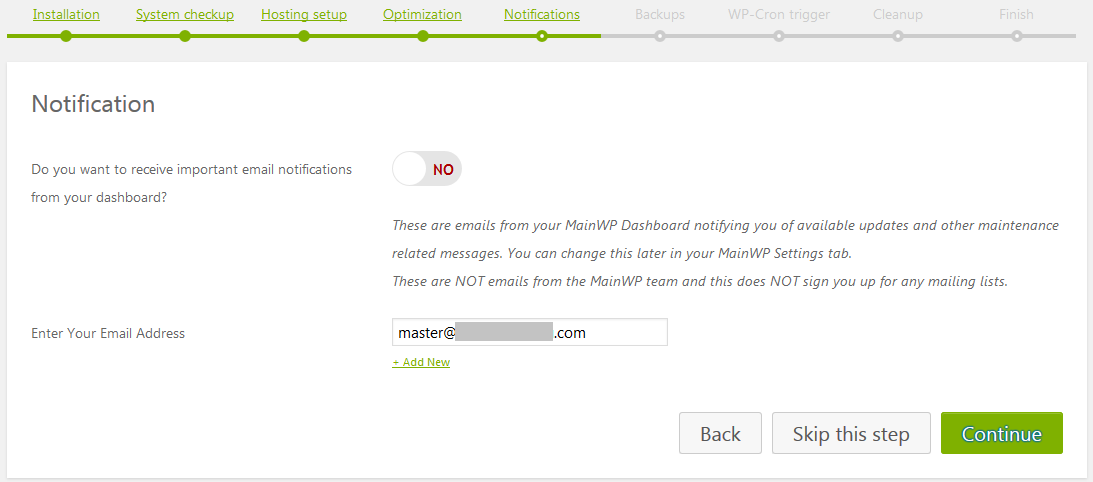 Mainwp dashboard setup wizard notification