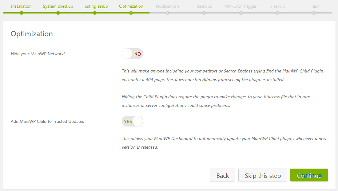 Mainwp dashboard setup wizard optimization